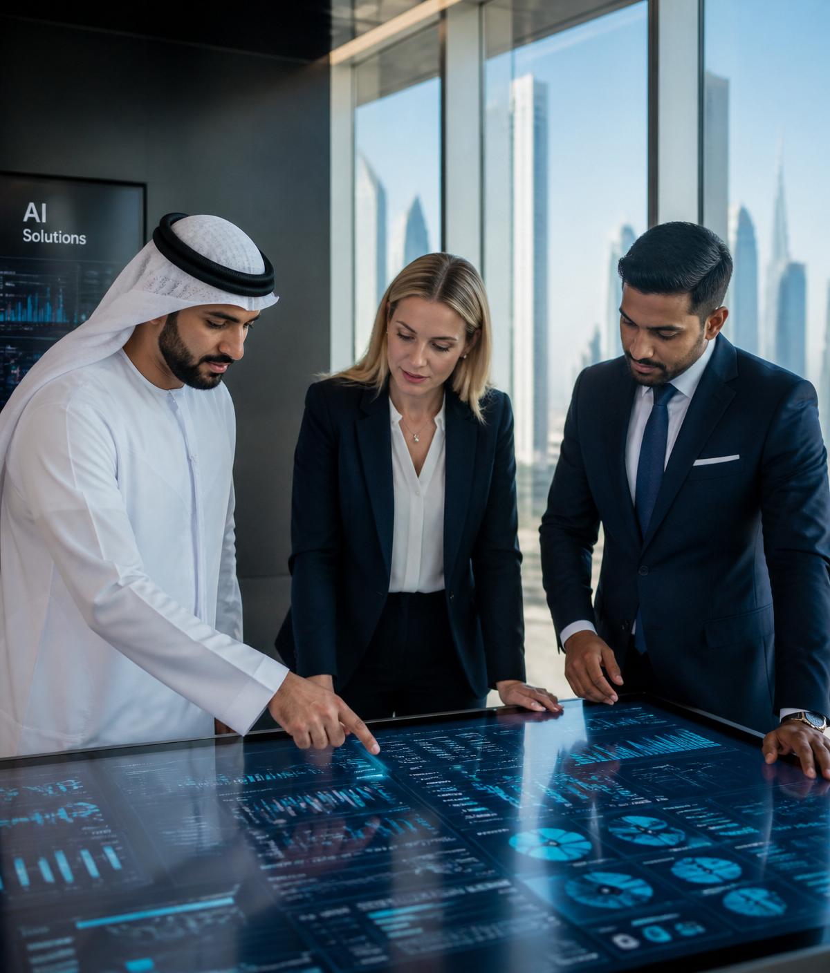 SIS consultants collaborating on AI dashboards in Dubai